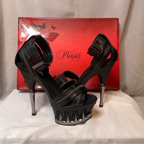 SOLD Pleaser Black and Silver Strappy Heels - Picture 1 of 7